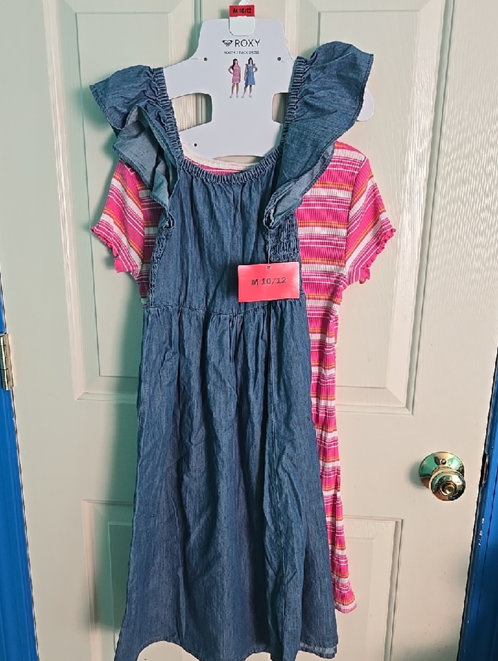 Roxy Girls  Blue Denim Ruffle Strap Dress & Pink Strip Dress